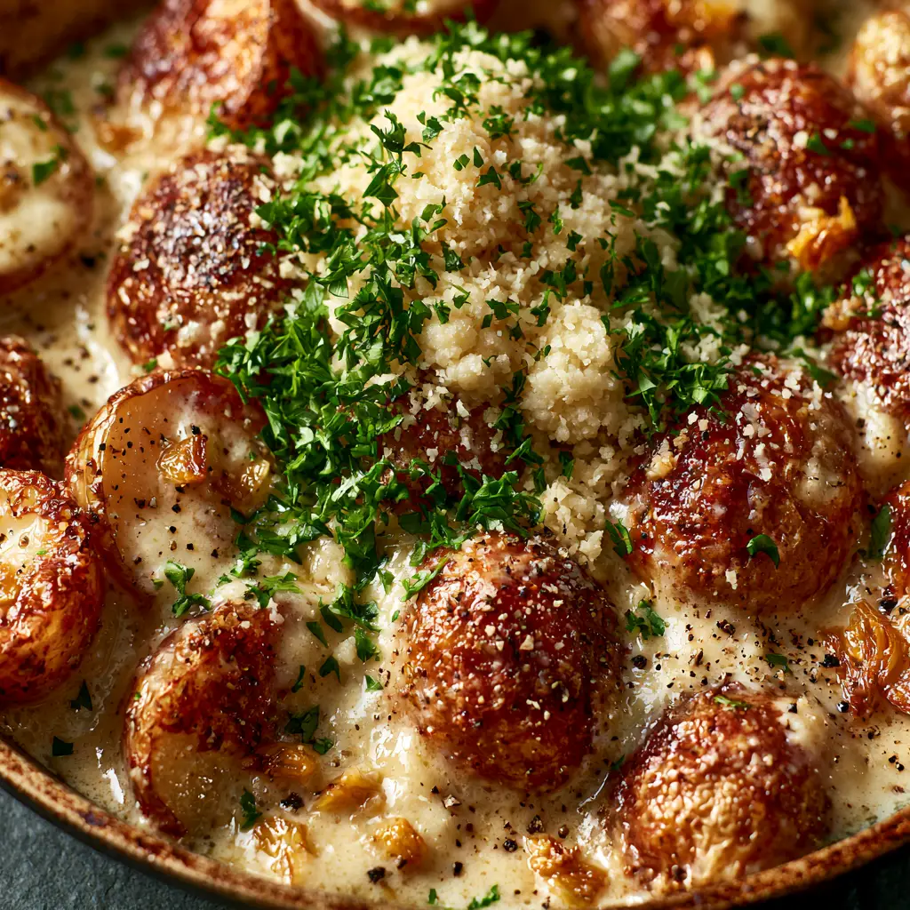 A rustic cast iron skillet filled with creamy garlic baby potatoes, topped with finely grated parmesan and fresh parsley.