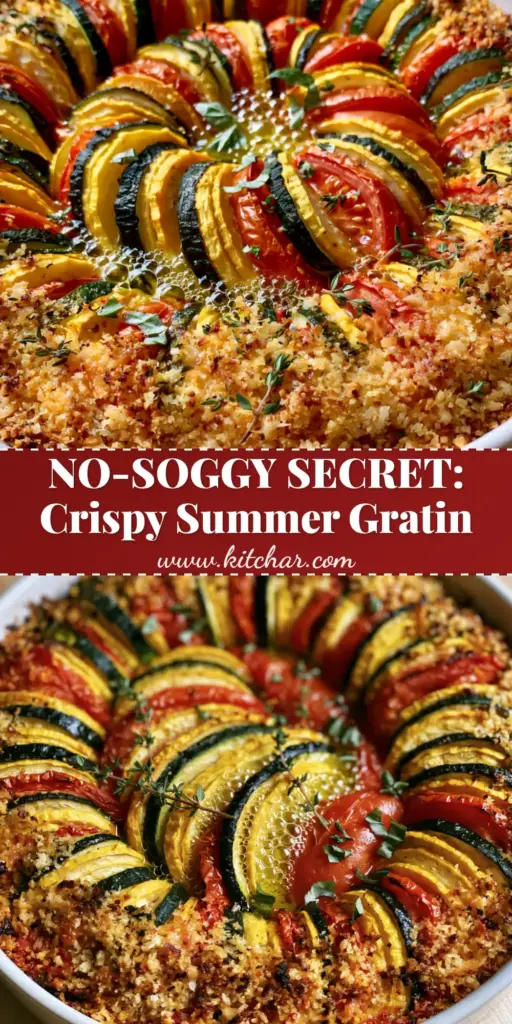 Summer vegetable gratin with Crunchy Parmesan and Panko Crust 4 A smartphone photo of a Summer vegetable gratin in a white dish with tight concentric circles of zucchini and tomatoes and a crunchy parmesan crust.
