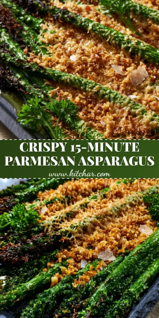 Sheet Pan Asparagus with Crispy Parmesan and Toasted Garlic 3 A close-up of sheet pan asparagus with charred tips, melted parmesan crust, and roasted lemon slices on a dark slate pan.