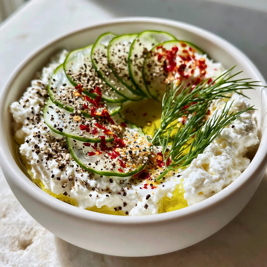 Cottage Cheese with Cucumbers: The Ultimate Savory Protein Bowl 2 Macro handheld photo of creamy large-curd cottage cheese with cucumbers, red chili flakes, and golden olive oil drizzle in a white bowl.