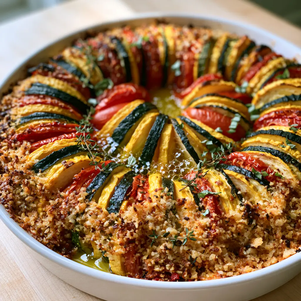 Summer vegetable gratin with Crunchy Parmesan and Panko Crust 2 Overhead view of a Provencal vegetable tian showing charred edges and golden panko breadcrumbs. (Summer vegetable gratin)