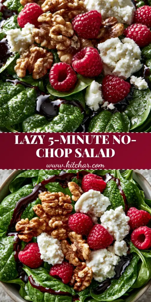 A top-down macro shot of a simple spinach salad recipe featuring glossy leaves, bright raspberries, and thick balsamic glaze ribbons.