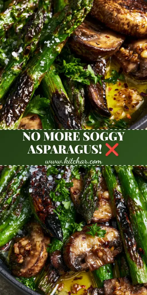 Sauteed Asparagus and Mushrooms with Garlic Butter 4 A top-down view of a modern black skillet featuring sauteed asparagus and mushrooms with charred tips, golden garlic bits, and fresh parsley garnish.