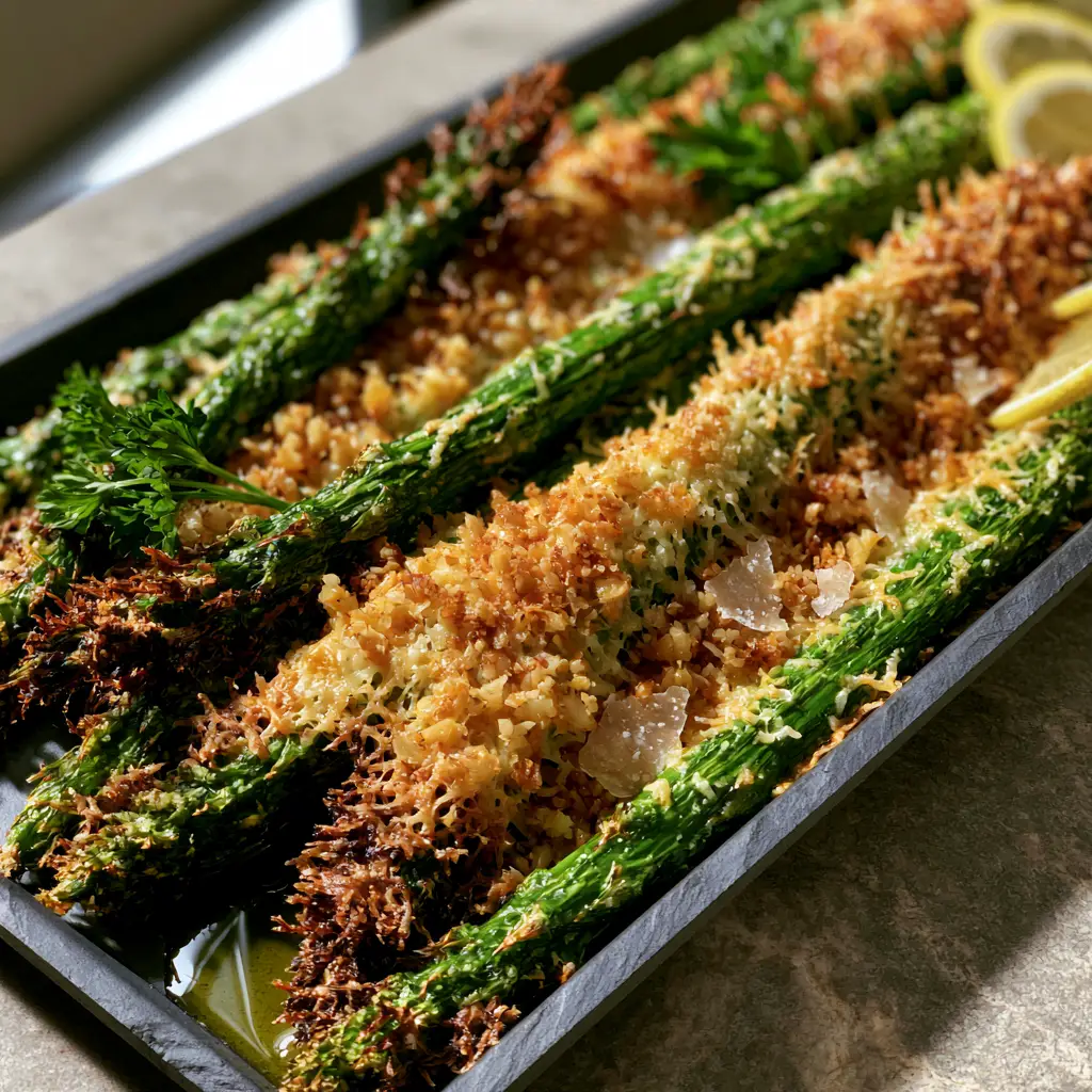 Sheet Pan Asparagus with Crispy Parmesan and Toasted Garlic 1 A tray of sheet pan asparagus topped with shimmering olive oil and fresh parsley sprigs.