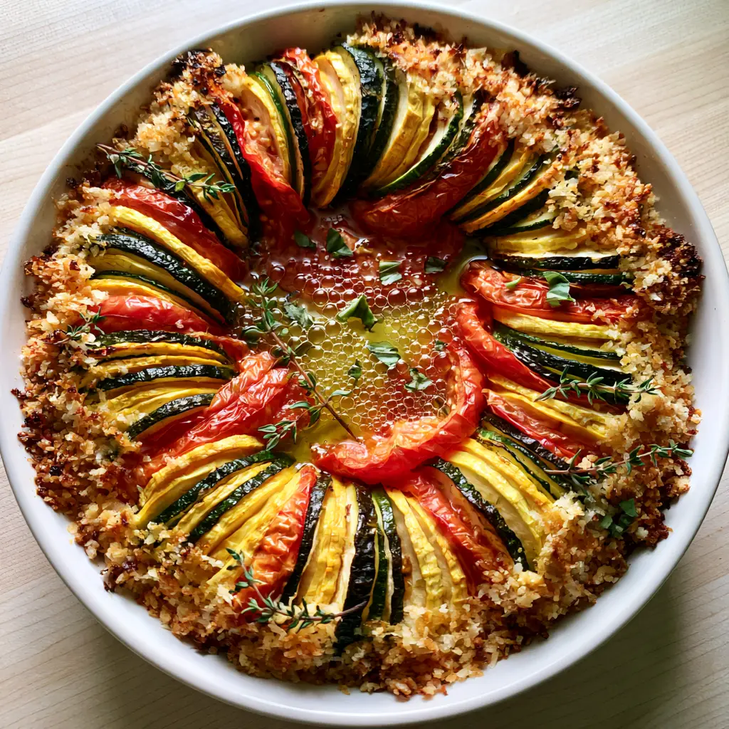 Summer vegetable gratin with Crunchy Parmesan and Panko Crust 1 Close up shot of melted parmesan crust and sizzing olive oil on a Summer vegetable gratin.