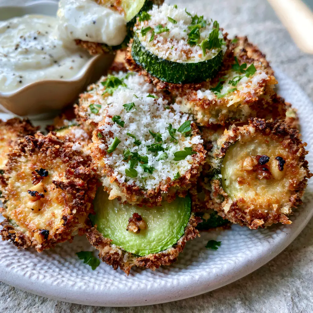 Zucchini Side Dishes: The Crispiest Garlic Parmesan Air Fried Rounds 1 One crispy zucchini slice being dipped into a thick creamy garlic aioli with black pepper specks.