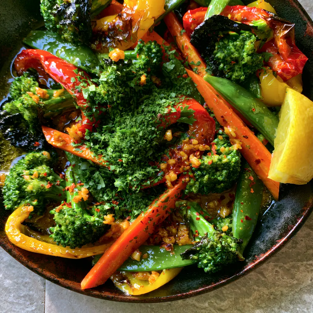Sautéed Vegetables with Glossy Garlic Butter and Charred Broccoli 1 Sautéed vegetables with diagonal cut carrots and snap peas coated in glossy garlic butter sauce.
