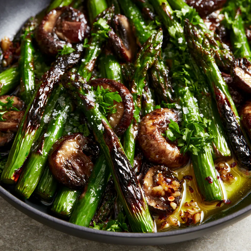 Sauteed Asparagus and Mushrooms with Garlic Butter 2 Extreme macro close-up of sauteed asparagus and mushrooms showing blistered skins, charred tips, and melted garlic butter.