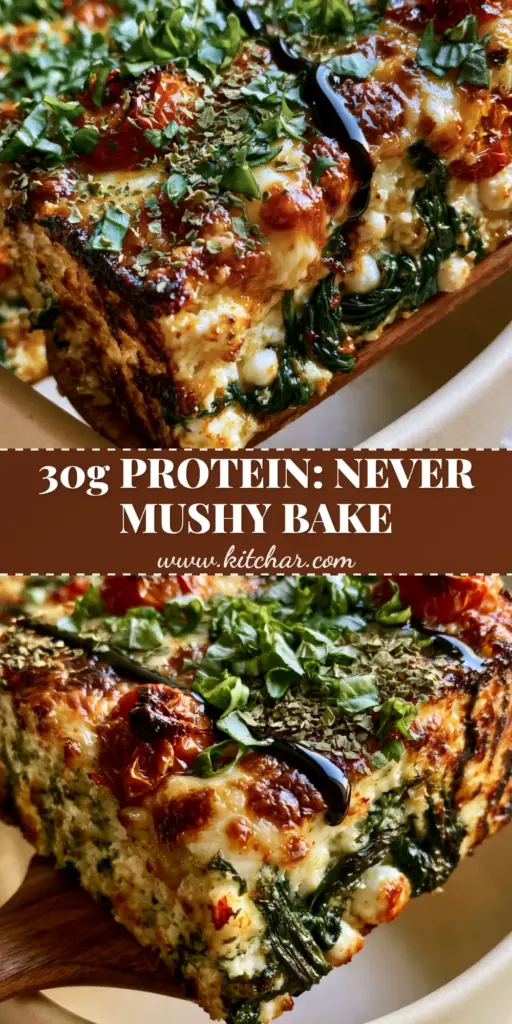 Cottage Cheese Veggie Bake: High-Protein Mediterranean Spinach Bake 4 A thick, firm square slice of cottage cheese veggie bake being lifted with a wooden server, showing spinach ribbons and a golden mozzarella crust.