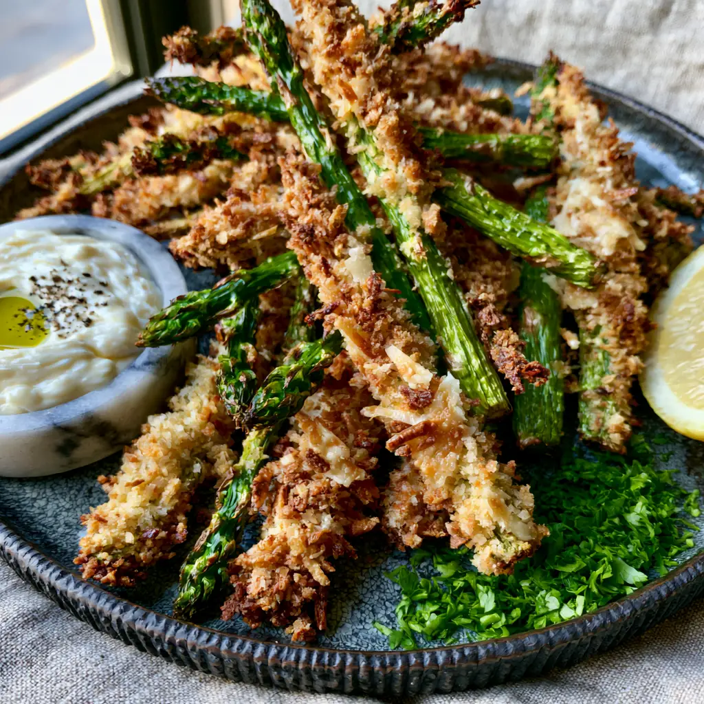 A pile of golden parmesan asparagus fries next to a marble bowl of garlic aioli topped with olive oil and pepper.