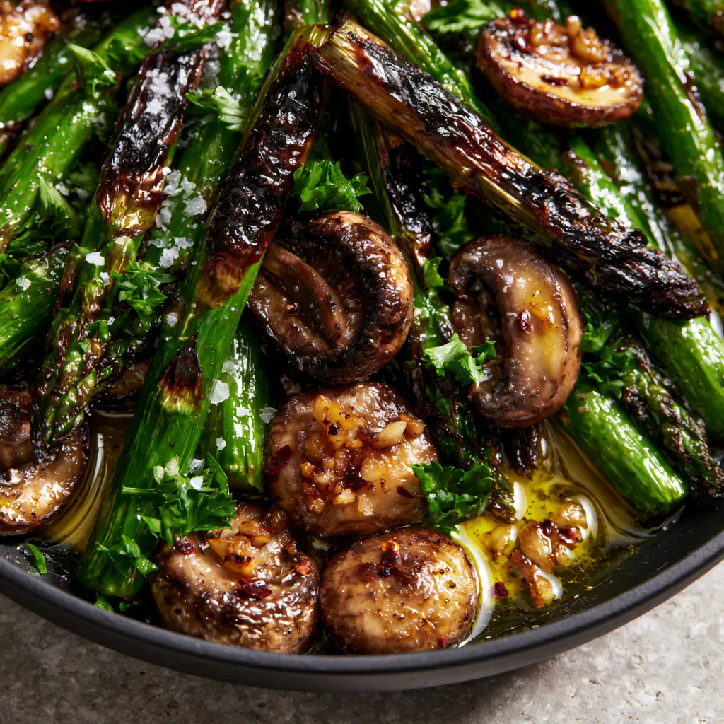 Sauteed Asparagus and Mushrooms with Garlic Butter 1 Sizzling cremini mushrooms and green asparagus in a matte black skillet with toasted garlic and red chili flakes.
