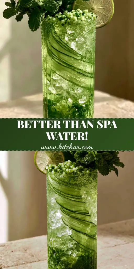 Cucumber Mint Lime Drink: The Ultimate Refreshing Summer Refresher 4 A tall ribbed glass showcasing a cucumber mint lime drink with spiraling cucumber ribbons and crushed ice.