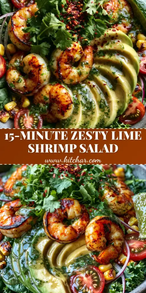 Zesty Lime Shrimp and Avocado Salad: The Perfect 20-Minute Healthy Meal 4 A vertical overhead shot of Zesty Lime Shrimp and Avocado Salad in a grey bowl, featuring charred shrimp, avocado fans, and bright cilantro garnish.
