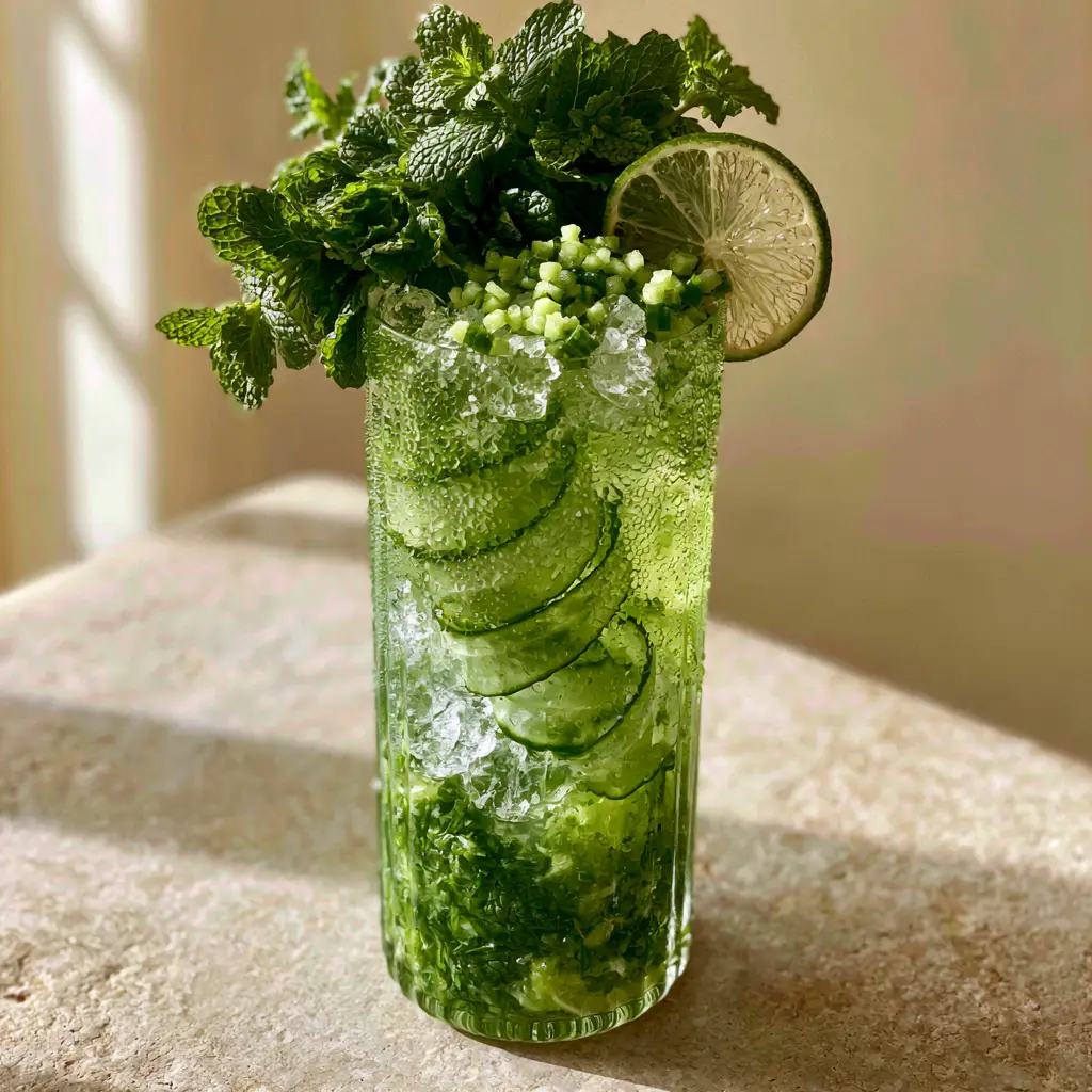 Cucumber Mint Lime Drink: The Ultimate Refreshing Summer Refresher 2 Close up of a cucumber mint lime drink with muddled mint at the base and a dense mint garnish. (cucumber mint lime drink)