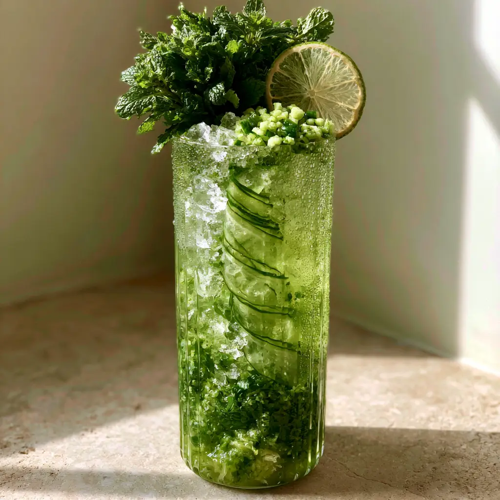 Cucumber Mint Lime Drink: The Ultimate Refreshing Summer Refresher 1 A tall glass with glistening condensation droplets filled with a cucumber mint lime infusion on a stone surface.