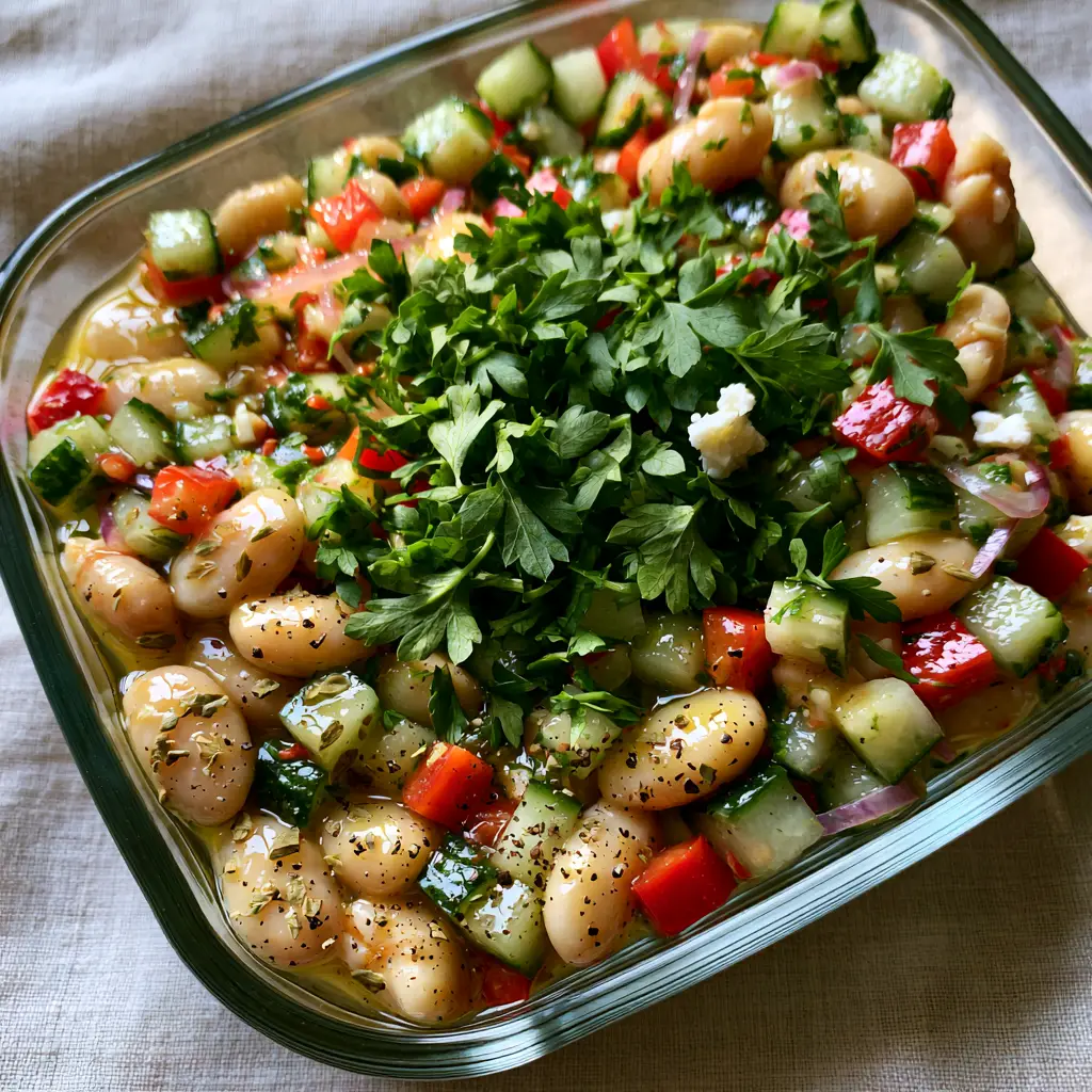 Angled shot of white bean salad with bright red peppers and fresh green parsley highlights.