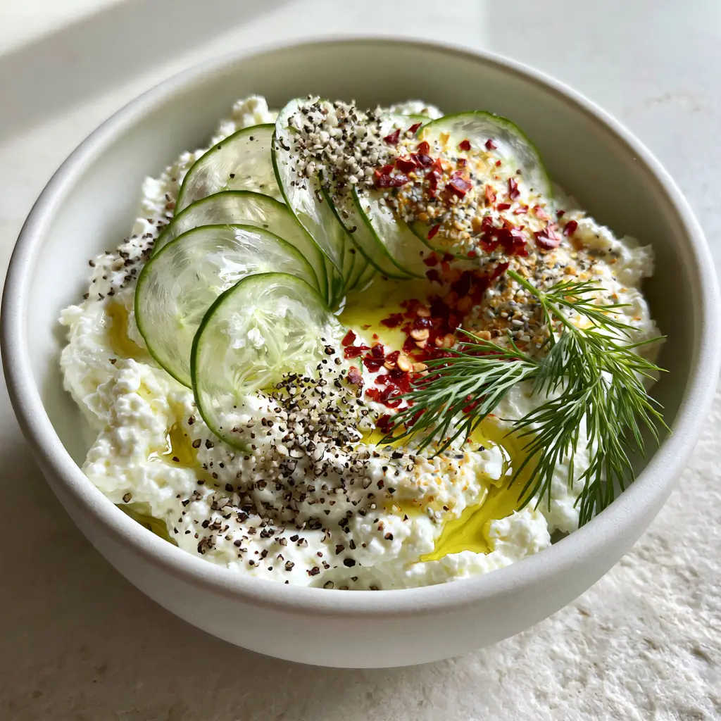 Cottage Cheese with Cucumbers: The Ultimate Savory Protein Bowl 1 Side view of a savory cottage cheese with cucumbers bowl showing the golden olive oil catching the natural window light.