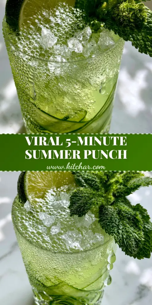 Cucumber Limeade Punch: The Ultimate Sparkling Summer Mocktail 3 A tall crystal glass of Cucumber Limeade Punch featuring translucent cucumber ribbons, crushed ice, and vibrant mint on a white marble surface.