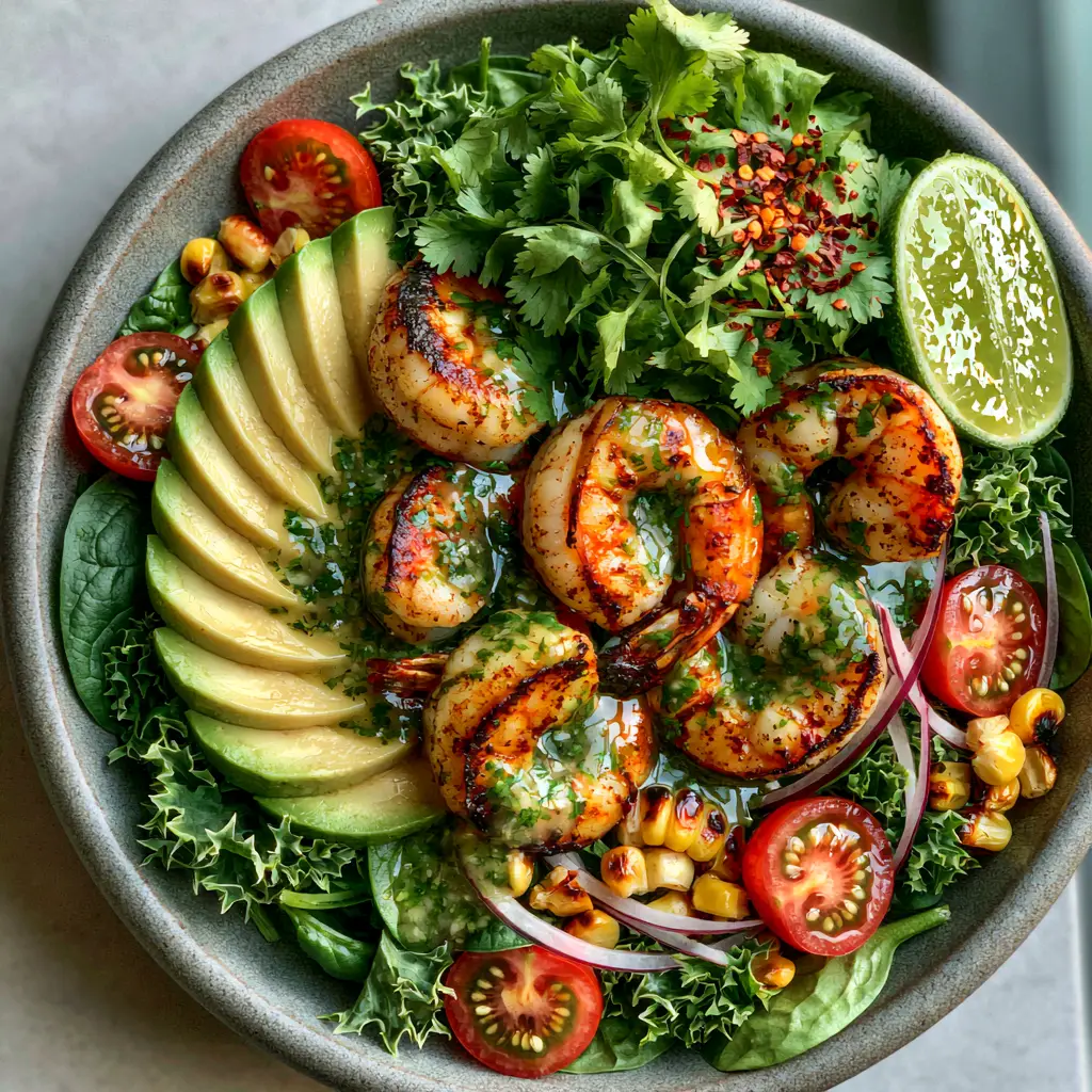 Zesty Lime Shrimp and Avocado Salad: The Perfect 20-Minute Healthy Meal 1 Close-up of seared jumbo shrimp and buttery avocado slices in a Zesty Lime Shrimp and Avocado Salad.