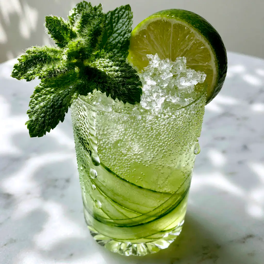 Cucumber Limeade Punch: The Ultimate Sparkling Summer Mocktail 2 Close up shot of tiny carbonated bubbles and cucumber ribbons inside a Cucumber Limeade Punch glass with condensation.