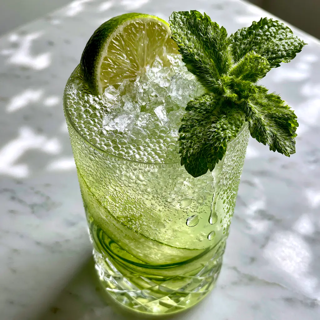Cucumber Limeade Punch: The Ultimate Sparkling Summer Mocktail 1 Juicy lime wheel and fuzzy green mint sprig tucked into a glass of Cucumber Limeade Punch with water droplets on the glass.