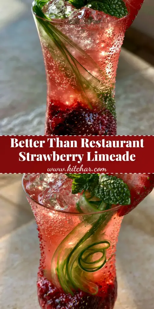 Strawberry Cucumber Limeade with Sparkling Water and Mint 3 A tall fluted glass of strawberry cucumber limeade with a ruby-red strawberry compote base, coiled cucumber ribbons, and clear ice cubes.