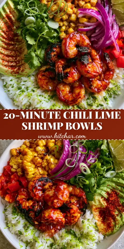 A top-down view of a Chili Lime Shrimp Bowl featuring seared jumbo shrimp with charred edges, glossy glaze, cilantro lime rice, and fanned avocado with tajin.