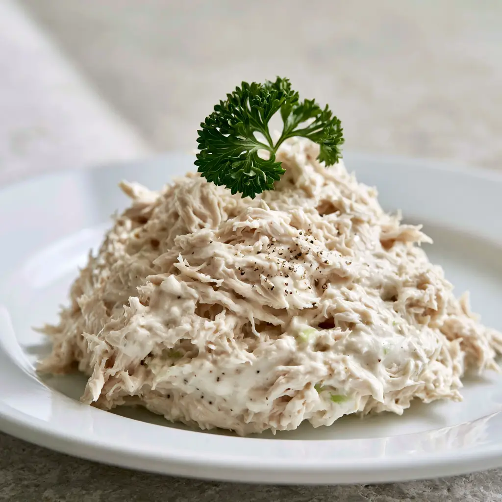 Chicken Salad Chick Recipe: The Ultimate Shredded Southern Copycat 1 Eye-level shot of Southern chicken salad on a white porcelain plate with microscopic celery bits.