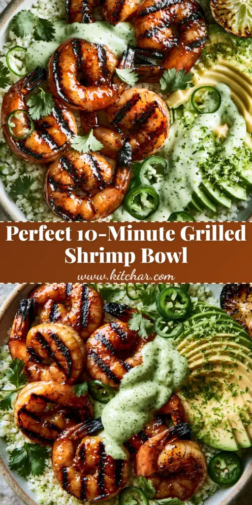 Grilled Shrimp and Avocado Bowls with Cilantro Lime Crema 4 A close-up shot of Grilled Shrimp and Avocado Bowls showing charred jumbo shrimp and creamy cilantro lime crema drizzle over cauliflower rice.