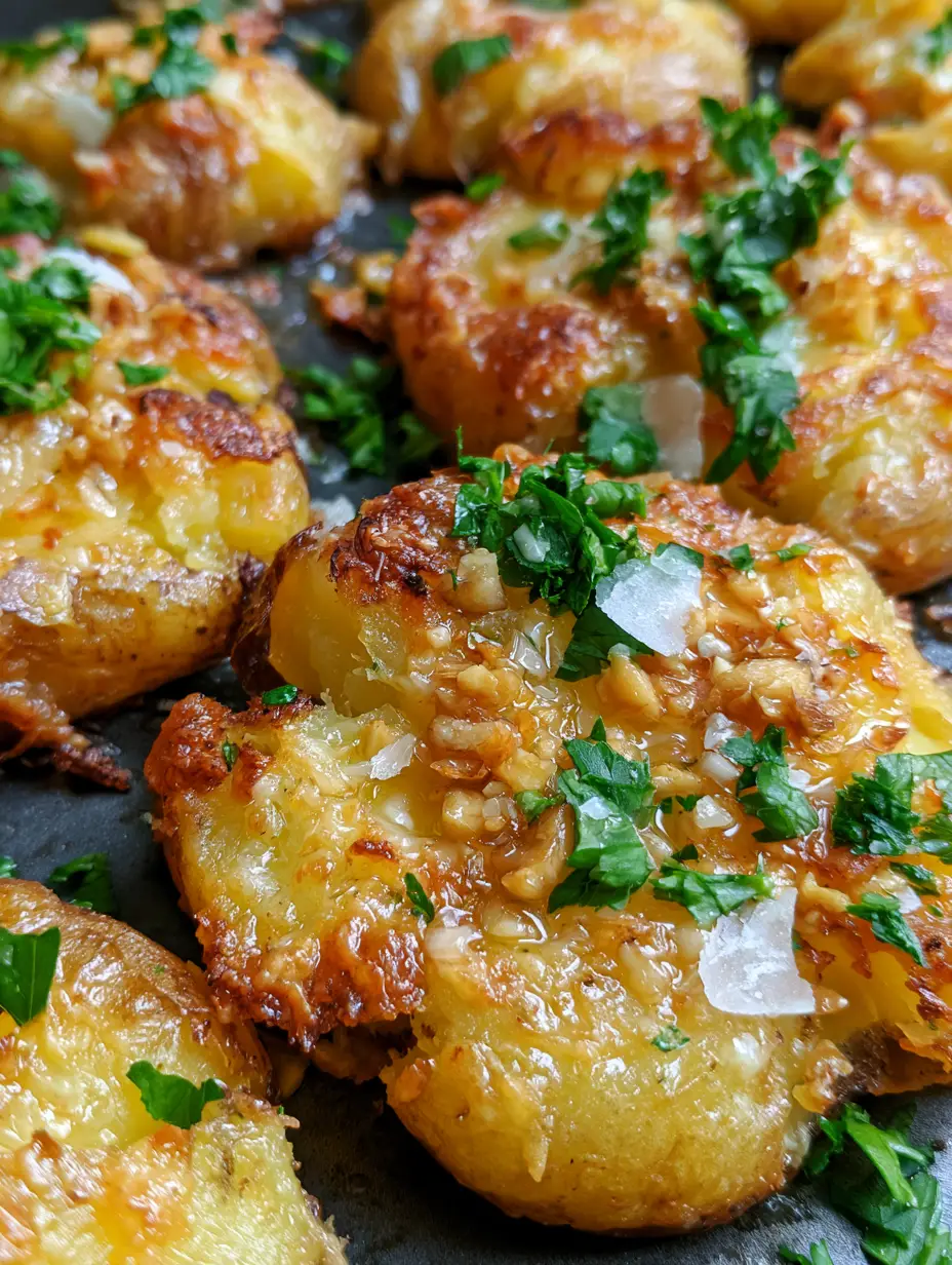 Garlic Parmesan Smashed Potatoes with Ultra-Crispy Jagged Edges 4 Extreme macro shot of golden-brown garlic parmesan smashed potatoes with jagged charred edges and glistening garlic butter.