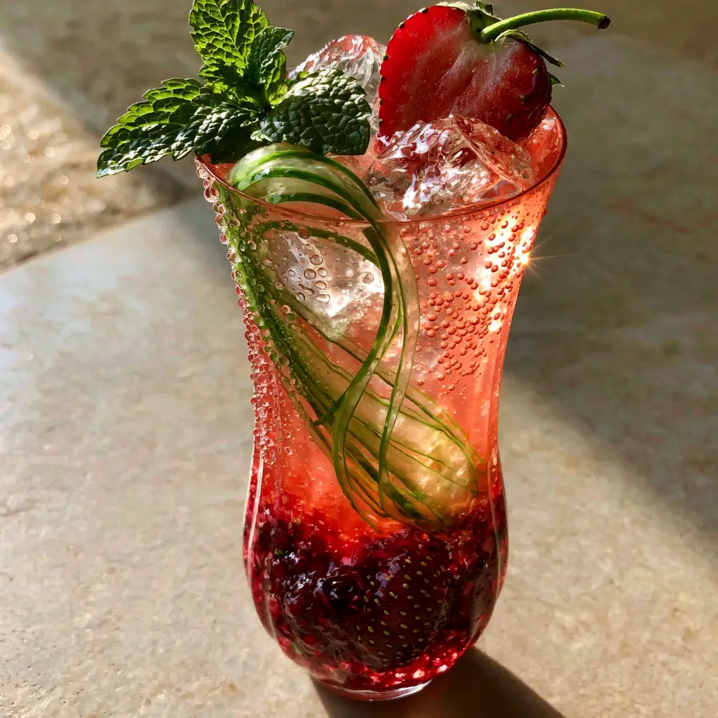 Strawberry Cucumber Limeade with Sparkling Water and Mint 2 Close up of strawberry cucumber limeade showing translucent pink liquid and effervescent bubbles clinging to artisanal ice.