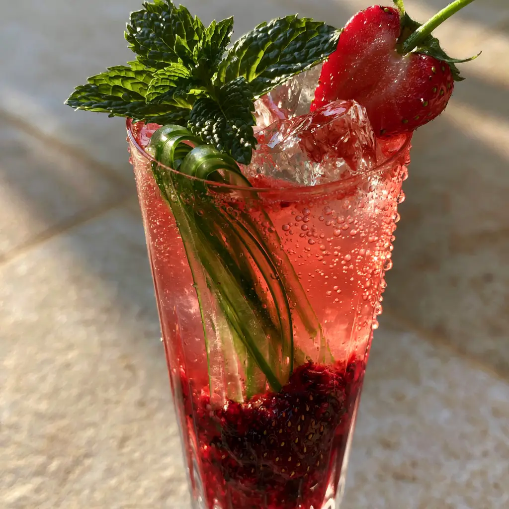 Strawberry Cucumber Limeade with Sparkling Water and Mint 1 Elegant handheld smartphone photo of strawberry cucumber limeade in golden hour sunlight with condensation beads on the glass.