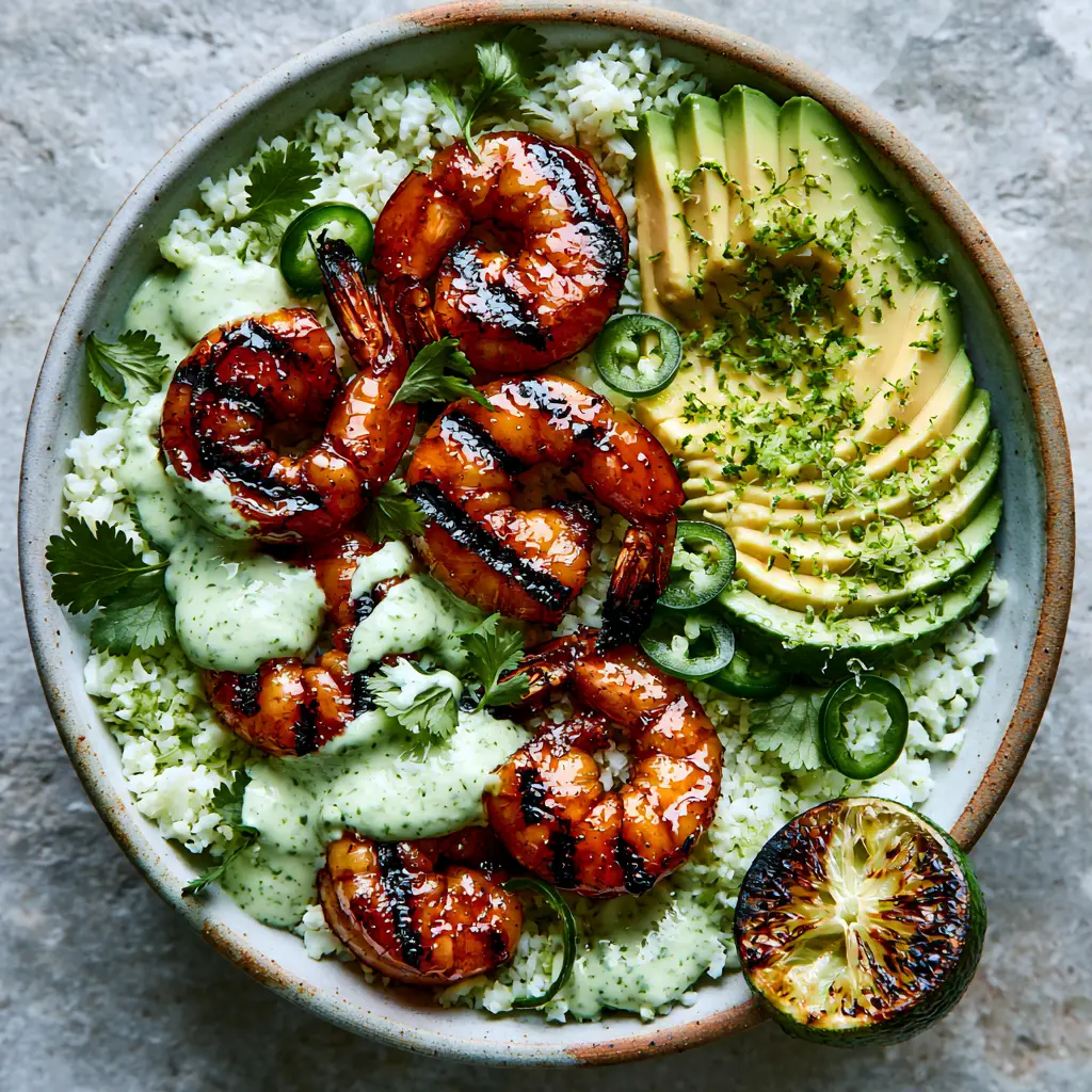 Grilled Shrimp and Avocado Bowls with Cilantro Lime Crema 2 Macro overhead shot of Grilled Shrimp and Avocado Bowls with honey-lime glazed shrimp and fan-cut avocado slices.