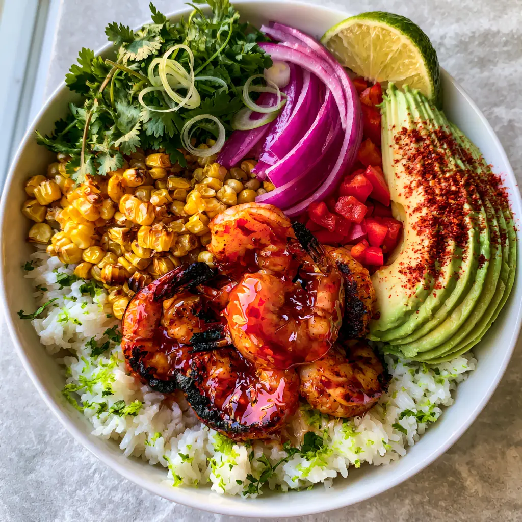 A vibrant top-down shot showing the assembly of Chili Lime Shrimp Bowls with fresh cilantro, lime wedges, and creamy avocado slices.
