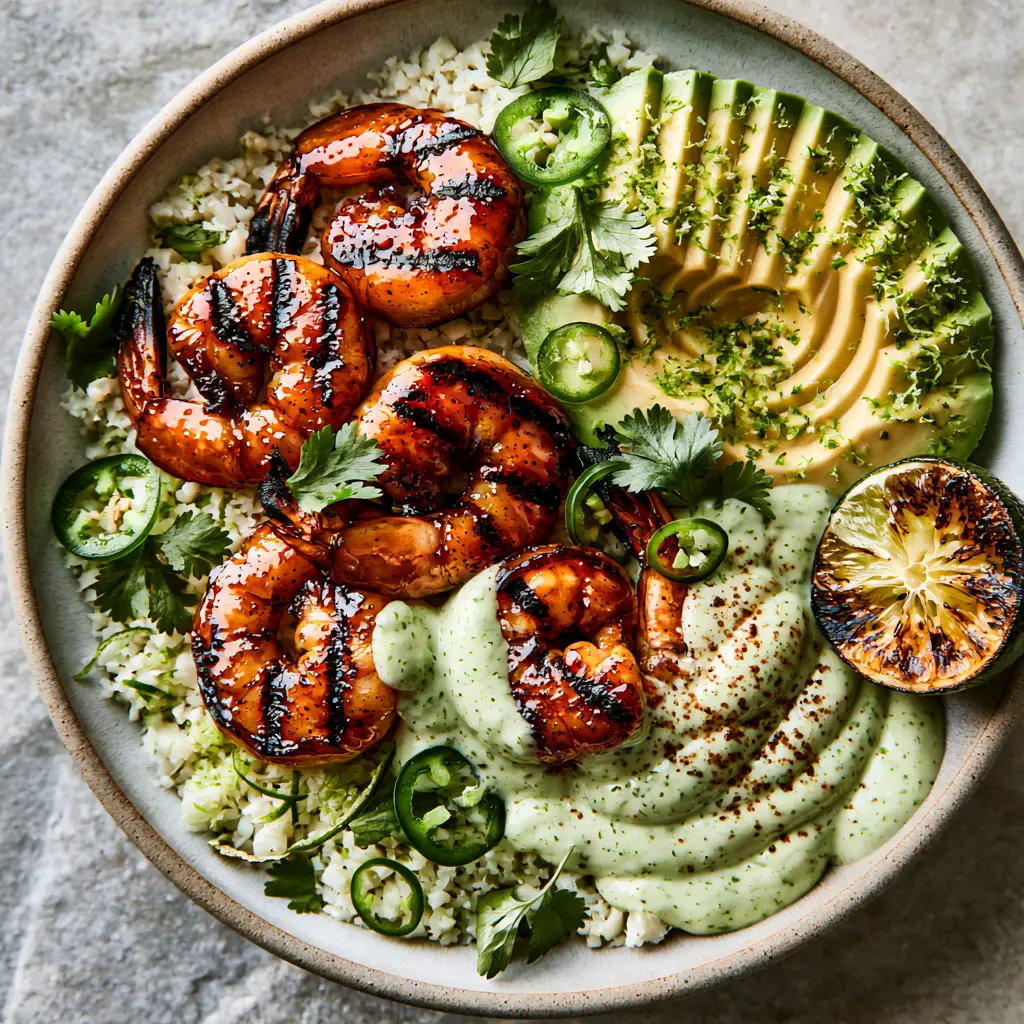 Grilled Shrimp and Avocado Bowls with Cilantro Lime Crema 1 Detailed view of the cilantro lime crema drizzle and fresh jalapeno rings on Grilled Shrimp and Avocado Bowls.