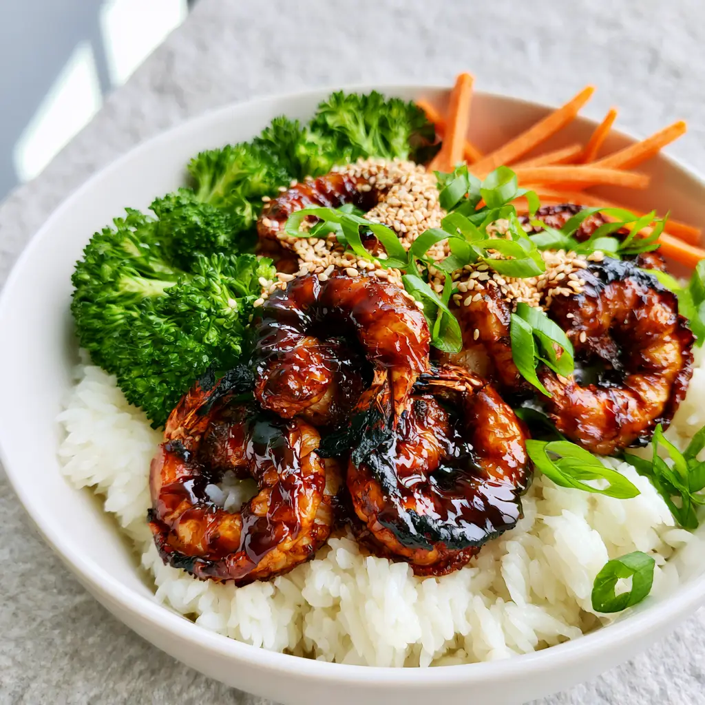 Teriyaki Shrimp Rice Bowl: The Ultimate 20-Minute Air Fryer Recipe 2 Close up of air-fried jumbo shrimp with charred edges and a thick mahogany teriyaki glaze. (teriyaki shrimp rice bowl)