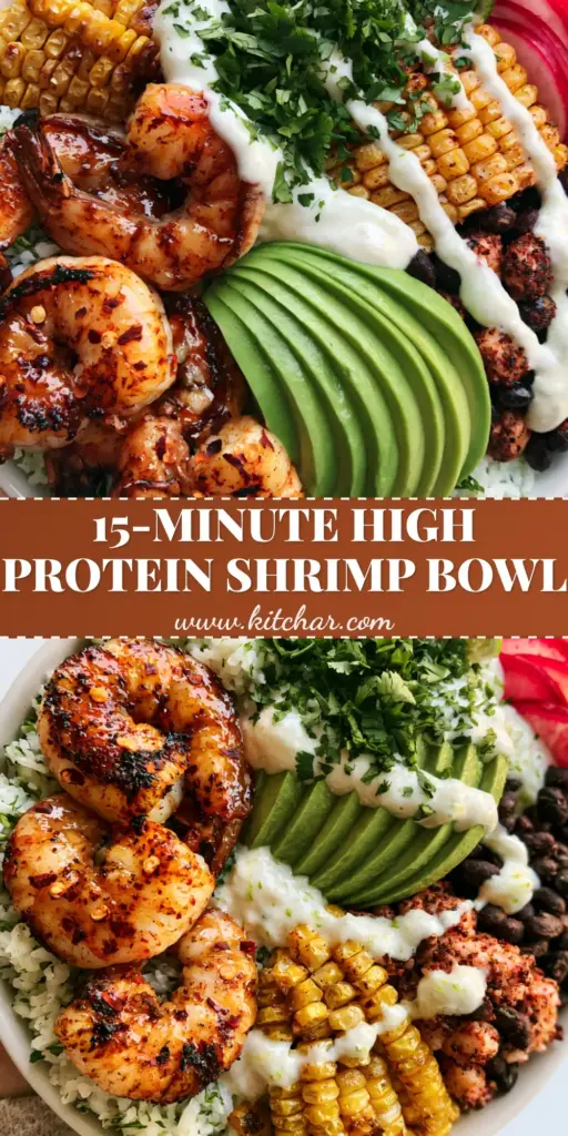 Shrimp Avocado Bowls with Cilantro Lime Rice and Zesty Crema 4 A top-down view of Shrimp Avocado Bowls featuring seared jumbo shrimp, fanned avocado slices, cilantro lime rice, and a lime crema drizzle. (Shrimp Avocado Bowls)