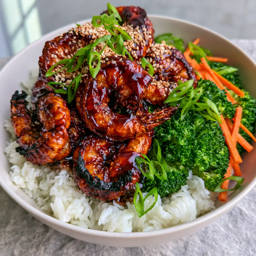 Teriyaki Shrimp Rice Bowl: The Ultimate 20-Minute Air Fryer Recipe 1 Overhead view of a minimalist white bowl containing a teriyaki shrimp rice bowl with sesame seeds and scallions.
