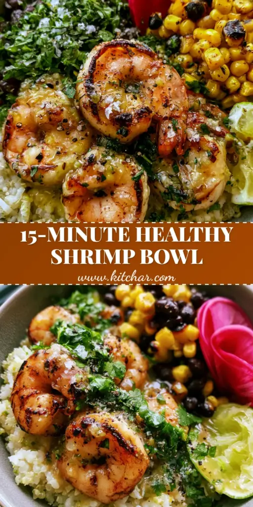 Cilantro Lime Shrimp Bowls with Citrus-Cilantro Glaze 4 A vibrant Cilantro Lime Shrimp Bowl with seared jumbo shrimp, lime-infused white rice and quinoa blend, charred corn, black beans, and thin-sliced radishes in a matte grey bowl.