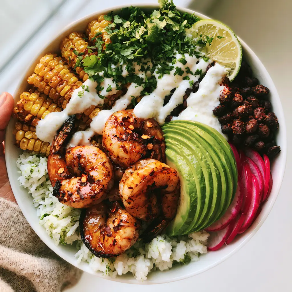 Shrimp Avocado Bowls with Cilantro Lime Rice and Zesty Crema 2 Close up handheld photo of Shrimp Avocado Bowls showing the succulent charred jumbo shrimp and creamy lime crema drizzle. (Shrimp Avocado Bowls)
