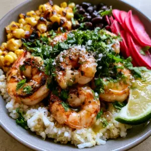 Top-down view of Cilantro Lime Shrimp Bowls featuring golden charred shrimp and fresh cilantro garnish.