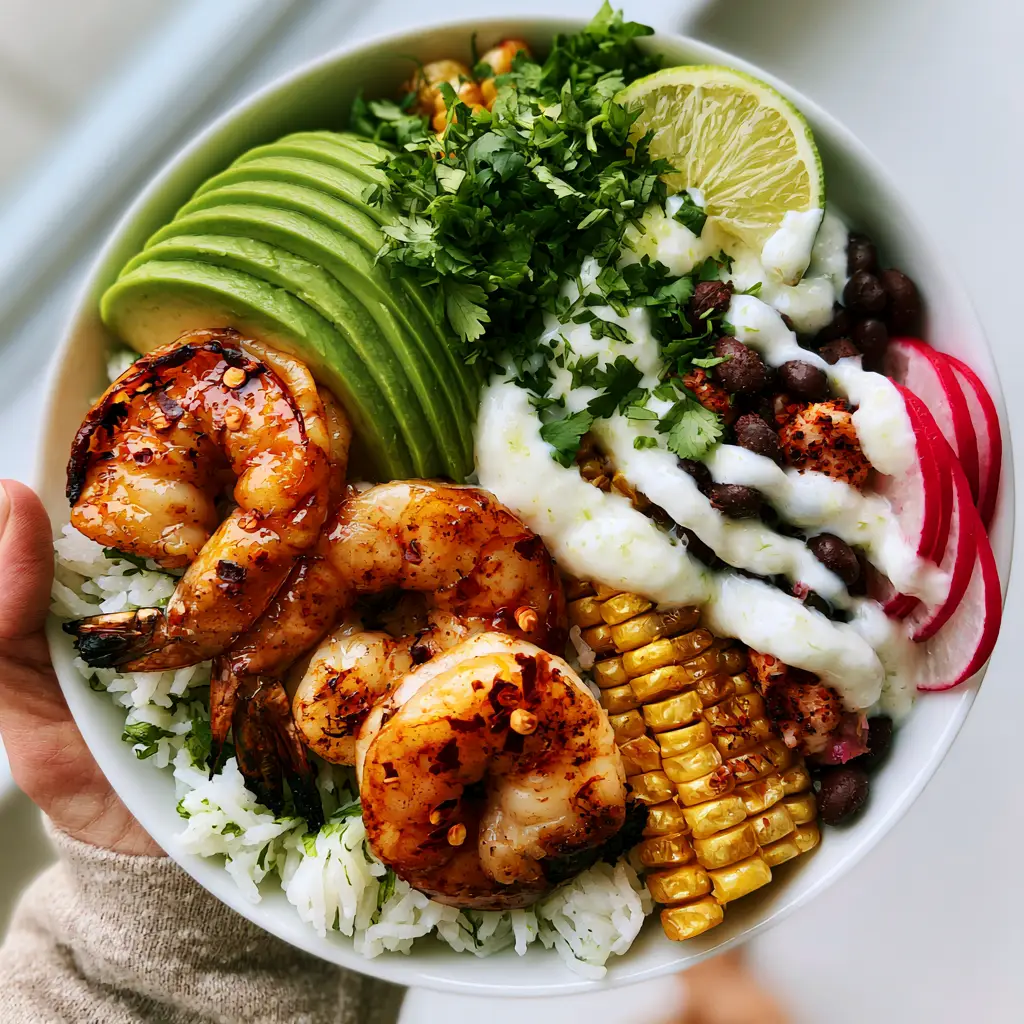 Shrimp Avocado Bowls with Cilantro Lime Rice and Zesty Crema 1 Top-down view of a colorful Shrimp Avocado Bowl with sections of roasted corn, black beans, and radish rounds. (Shrimp Avocado Bowls)