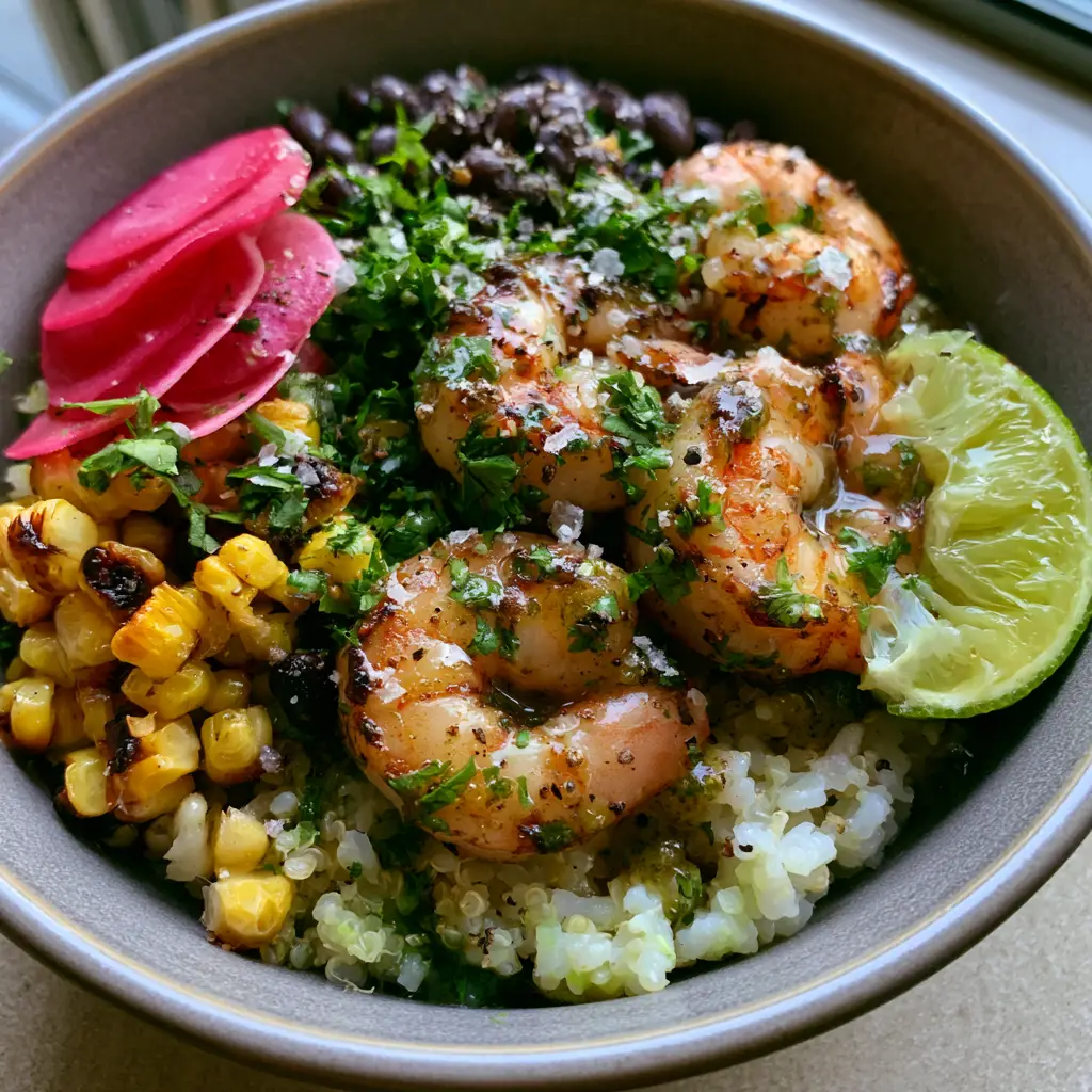 Cilantro Lime Shrimp Bowls with Citrus-Cilantro Glaze 1 Close-up of charred corn and black beans in a Cilantro Lime Shrimp Bowl base.