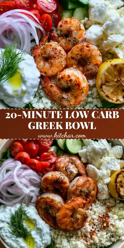 A vibrant greek shrimp mediterranean bowl with seared jumbo shrimp, fresh veggies, and a dollop of tzatziki on a light wood background.