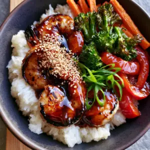 Close-up of Teriyaki Shrimp Rice Bowls showing the thick glossy glaze and seared edges of the jumbo shrimp.