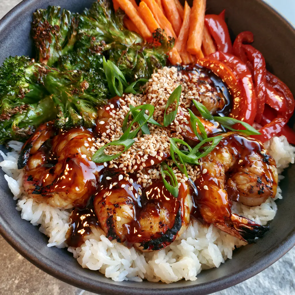 Teriyaki Shrimp Rice Bowls: The Ultimate 20-Minute Gourmet Dinner 1 A top-down view of the Teriyaki Shrimp Rice Bowls featuring vibrant red peppers, matchstick carrots, and blistered broccoli.