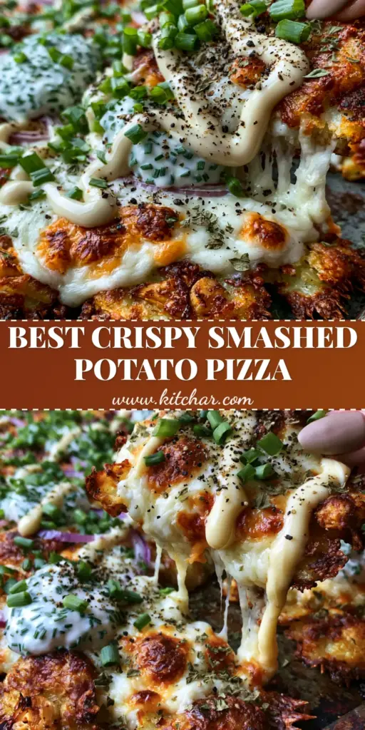 A handheld slice of Crispy Smashed Potatoes Pizza showing a long cheese pull and jagged, browned potato edges.