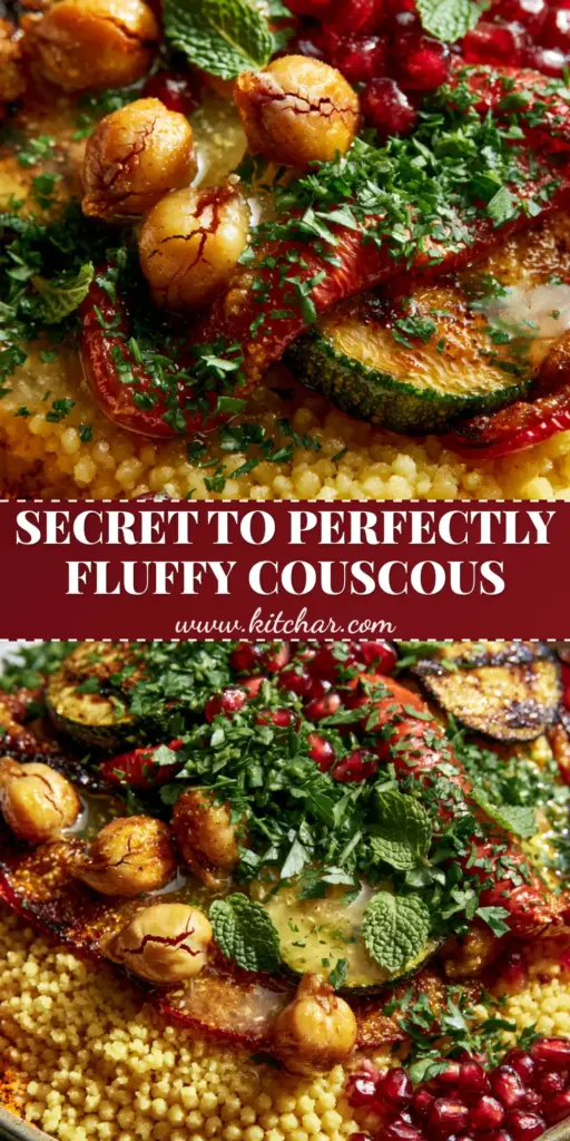 Moroccan Couscous with Roasted Vegetables and Lemon Vinaigrette 4 A vibrant bowl of Moroccan couscous topped with charred zucchini, chickpeas, and pomegranate seeds.