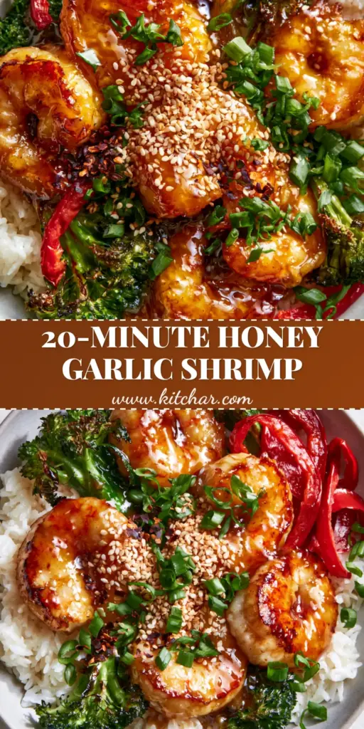 Honey garlic shrimp bowls: The Ultimate 20-Minute Healthy Dinner 3 A vibrant Honey garlic shrimp bowl featuring large plump shrimp in amber glaze, charred broccoli, and red peppers over jasmine rice.