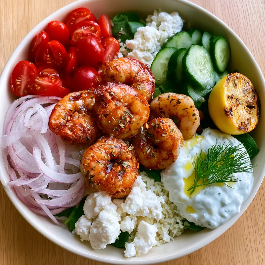 Close up of a greek shrimp mediterranean bowl featuring thick tzatziki and salty feta cheese crumbles.